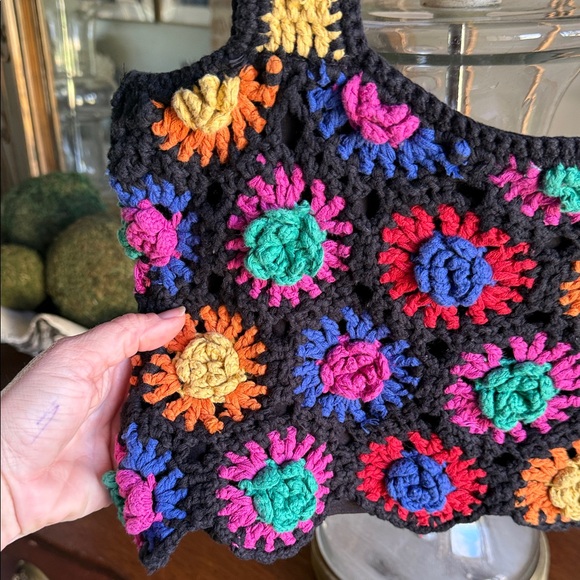 FARM Rio Black Crocheted Tank with Bright Multicolor Floral Motifs - Picture 5 of 9